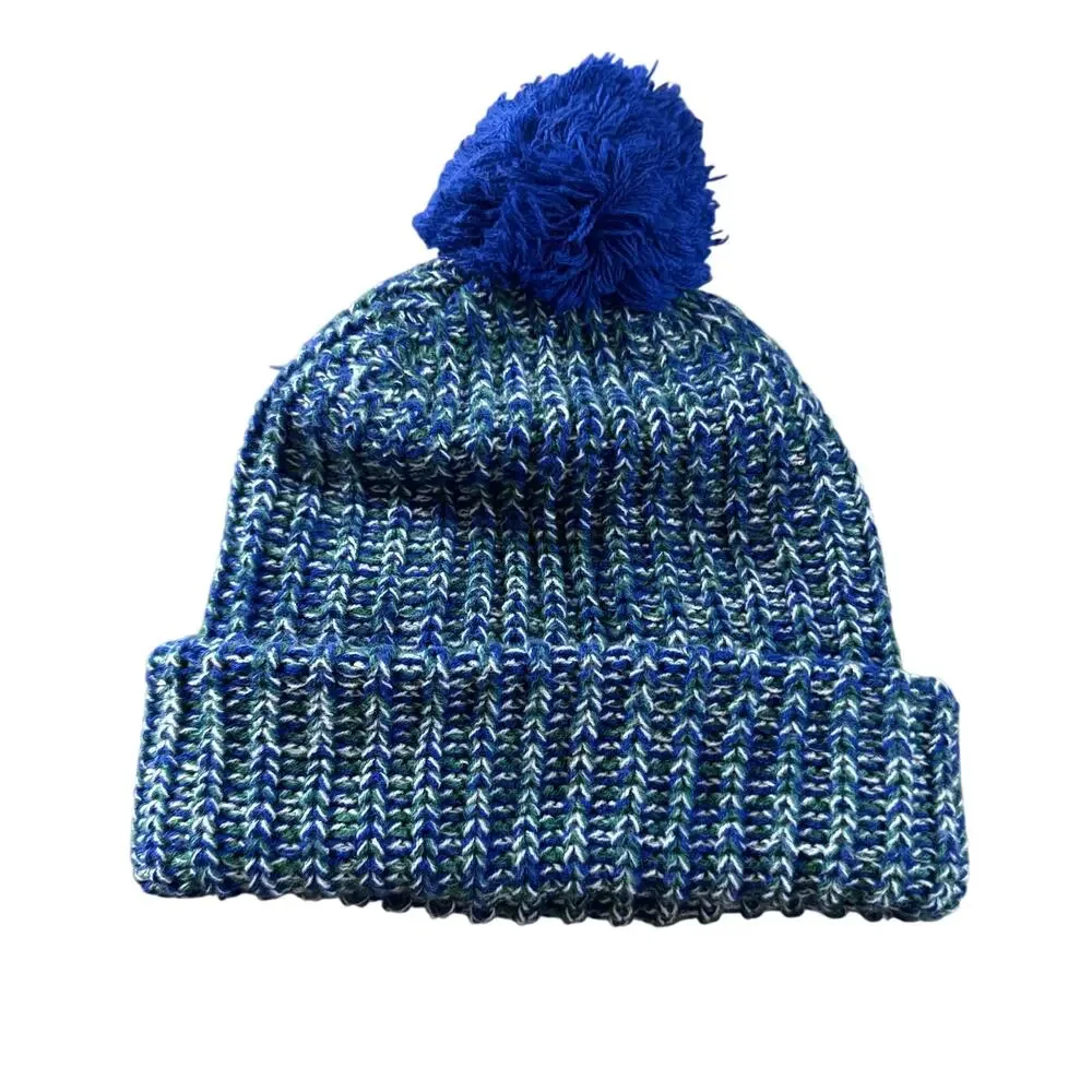 Nucor Steel Pom Beanie Blue Green Knit Cuffed Hat Acrylic